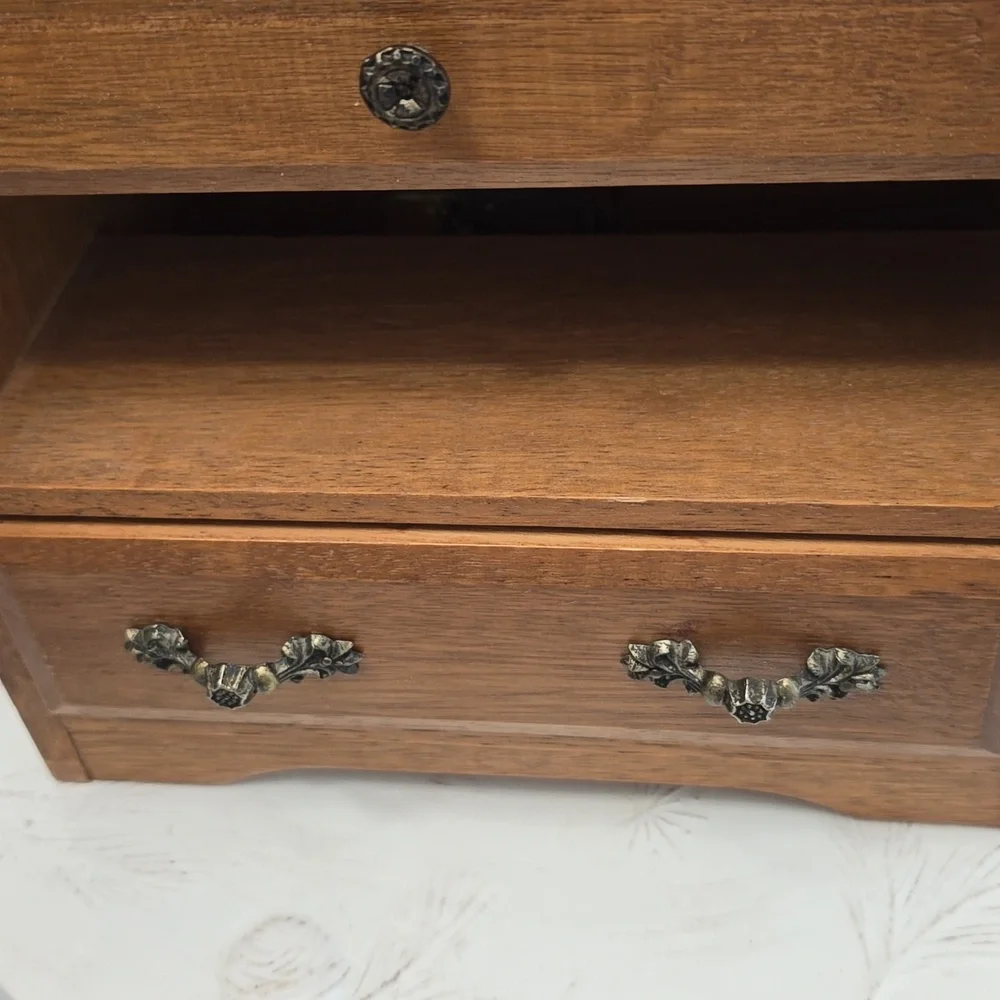 Vintage Mid Century Wood Music Jewelry Box 4 Drawers Mesh Wire Door Metal Pulls